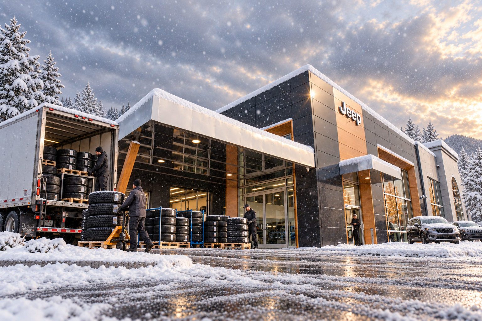 Tire delivery arriving at the dealership on a snowy morning