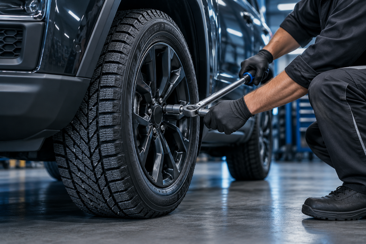 Technician torquing a winter tire onto a vehicle in the service bay